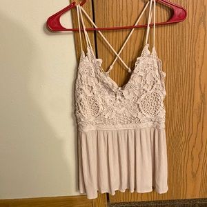 Tan, cross back, spaghetti strap, fairly worn